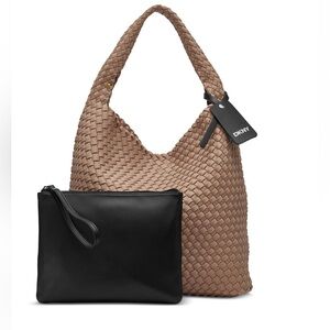 DKNY Cappuccino/tan Giselle Hobo Woven Tote with Black Pouch